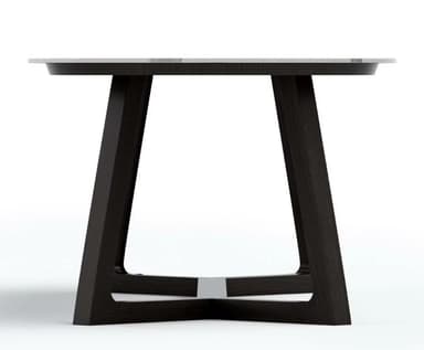 A modern dining table with a rectangular top and a dark wood base. The base features two angled legs connected by a lower stretcher with metal accents. The tabletop has a subtle bevel around its edge. — 3D model