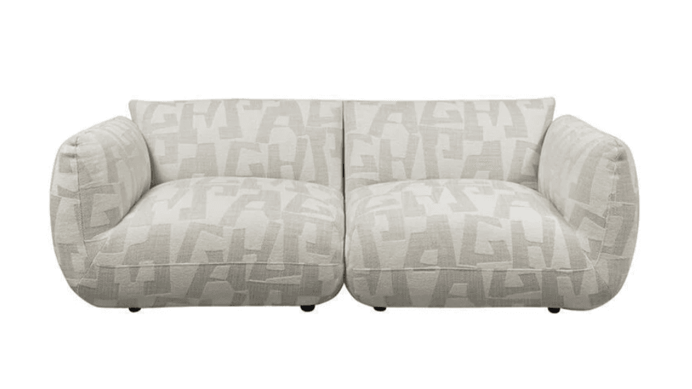 A contemporary two-seater sofa composed of two identical upholstered modular units, featuring a rounded silhouette and a light-colored geometric patterned fabric. — 3D model