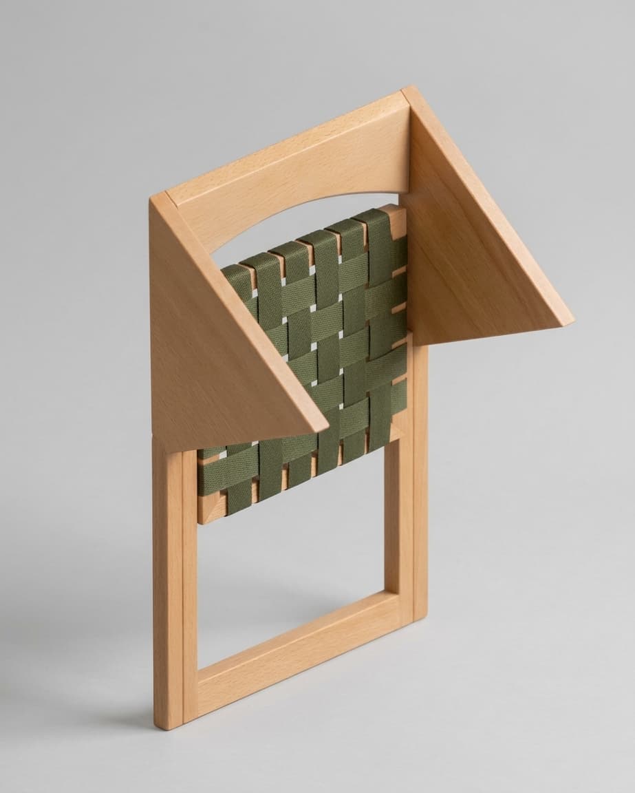 A minimalist folding chair featuring a light-toned wooden frame and an olive green woven webbing seat and backrest. The chair is depicted in a partially open or folded state, suggesting its space-saving design. Its clean lines and simple construction highlight a modern aesthetic. — 3D model