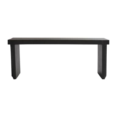 A dark-colored console table with a thick, rectangular top supported by two solid, block-like legs. The legs are set inward from the ends of the tabletop, creating a cantilevered effect. The front edges of the legs have a subtle vertical fluting or grooved detail. The overall design is minimalist and modern. — 3D model