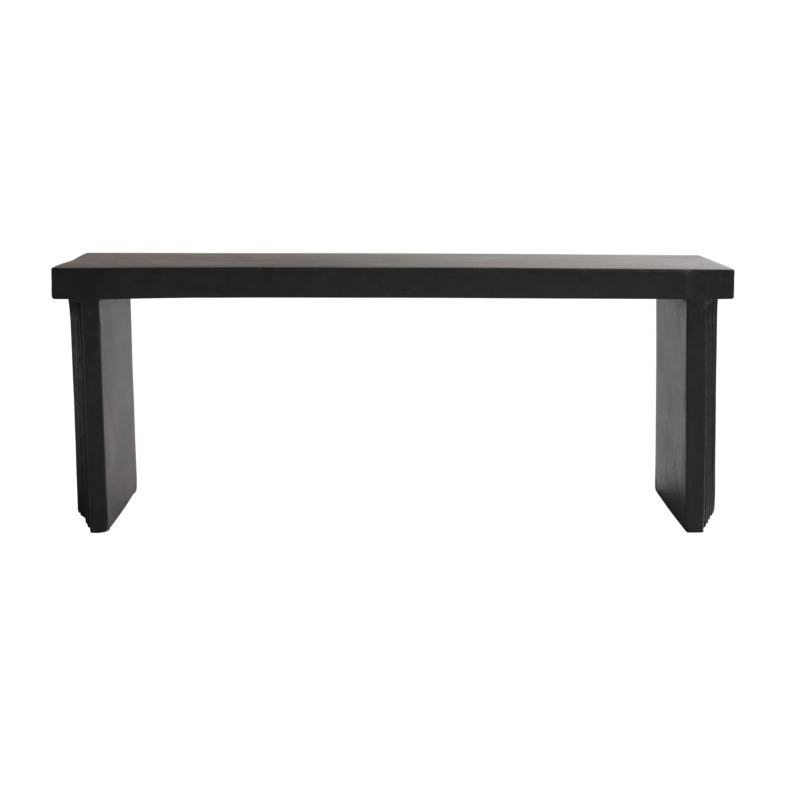 A dark-colored console table with a thick, rectangular top supported by two solid, block-like legs. The legs are set inward from the ends of the tabletop, creating a cantilevered effect. The front edges of the legs have a subtle vertical fluting or grooved detail. The overall design is minimalist and modern. — 3D model