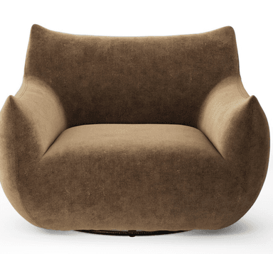 A plush, upholstered armchair with a distinctive rounded silhouette and gently curved arms that taper to a point. The backrest is high and also curves inwards. The overall design suggests a modern, organic aesthetic. — 3D model