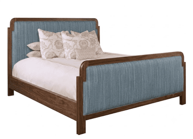 A full bed frame made from dark brown wood, featuring upholstered panels in a light blue-grey, subtly textured fabric on both the headboard and footboard. The wooden frame has gracefully rounded corners, and visible wooden slats indicate mattress support is built-in. — 3D model