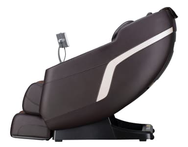 A sophisticated full-body electric massage chair, featuring a contemporary ergonomic design. It is upholstered in dark brown synthetic leather with contrasting lighter brown fabric accents on the inner cushioning and footrest area. The chair includes a robust base, integrated armrests, a built-in foot and leg massager, and a silver-colored control panel mounted on a flexible arm. Speaker grilles are visible near the headrest, indicating integrated audio capabilities. — 3D model