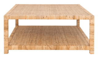 A square, two-tiered coffee table constructed from woven natural rattan or a similar material, featuring a light, natural finish and sturdy block legs. — 3D model
