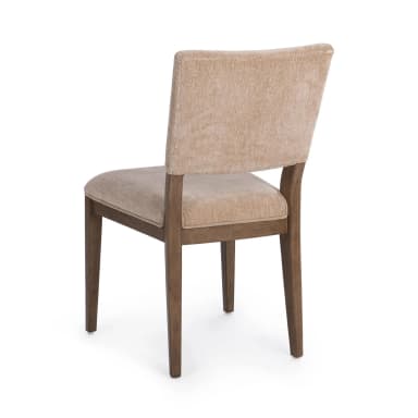 A dining chair with a fabric-upholstered seat and backrest. The chair features a wooden frame with four tapered legs. The backrest has a slightly curved top and is supported by wooden uprights that extend from the seat frame. The seat is square-shaped and upholstered. — 3D model