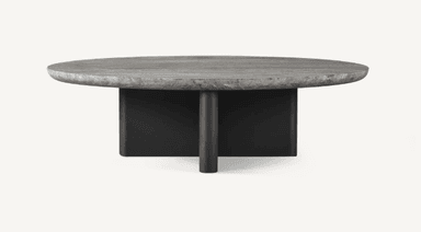 A modern coffee table with a round, textured stone top and a dark, rectangular base with cylindrical legs. The top has a naturalistic, slightly irregular edge. The base appears to be made of metal, with a matte finish. — 3D model