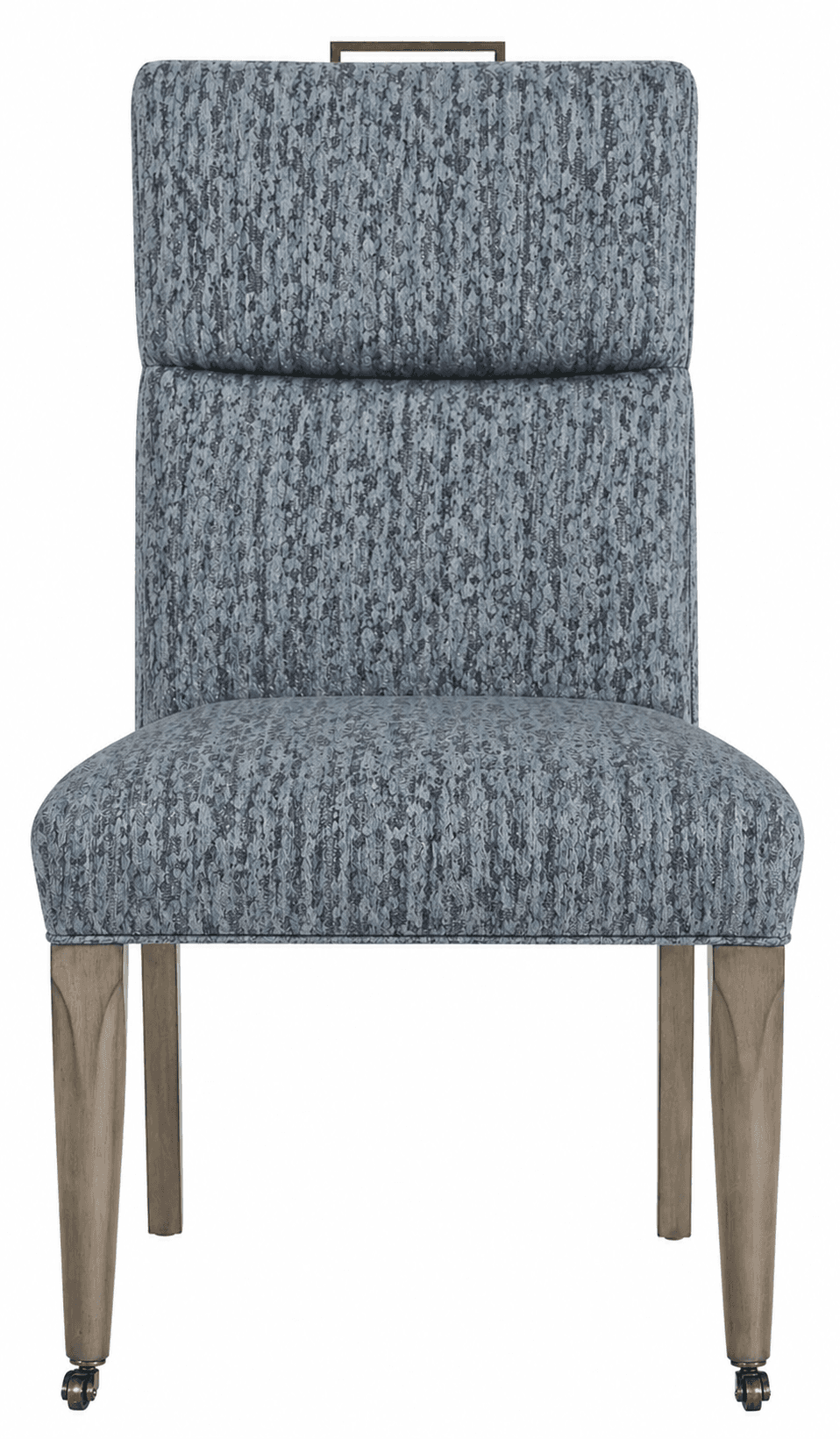 A high-backed upholstered dining chair with a textured fabric in shades of blue and gray. The chair features a split backrest with two distinct upholstered panels. The seat is also upholstered. The chair is supported by four tapered wooden legs, the front two of which are fitted with caster wheels for mobility. A dark metal handle or pull is affixed to the top center of the backrest. — 3D model