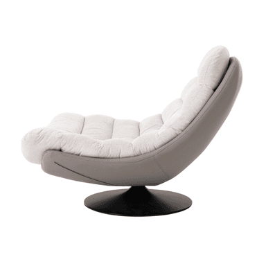 A modern accent chair with a swivel base. The chair features a low-profile, egg-shaped silhouette. The exterior shell appears to be made of a smooth, matte gray material, possibly faux leather or finished leather. The interior seating surface is upholstered in a textured, light-colored fabric with a subtle woven pattern and visible tufting. The chair rests on a circular, black metal swivel base. — 3D model