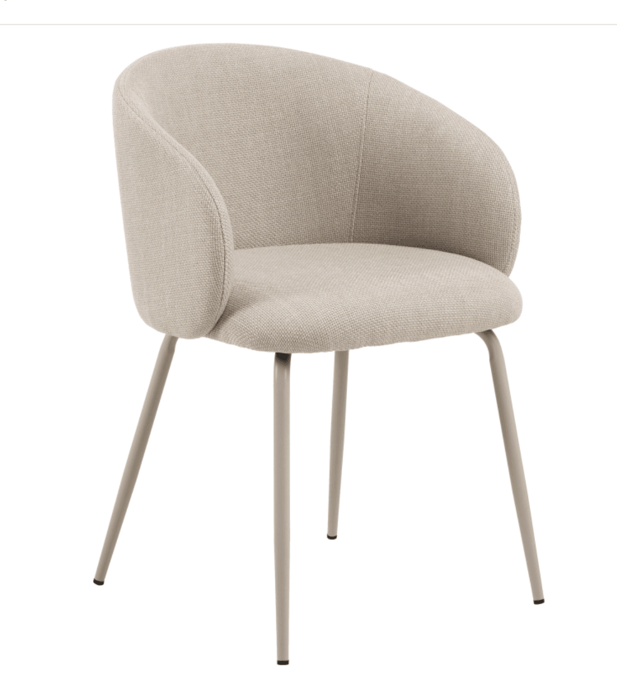 A modern upholstered tub-style chair featuring a continuous, curved backrest and armrests, all seamlessly upholstered in a light beige textured fabric. The chair is supported by four slender, angled metal legs in a matching matte grey finish, giving it a minimalist and contemporary aesthetic. — 3D model