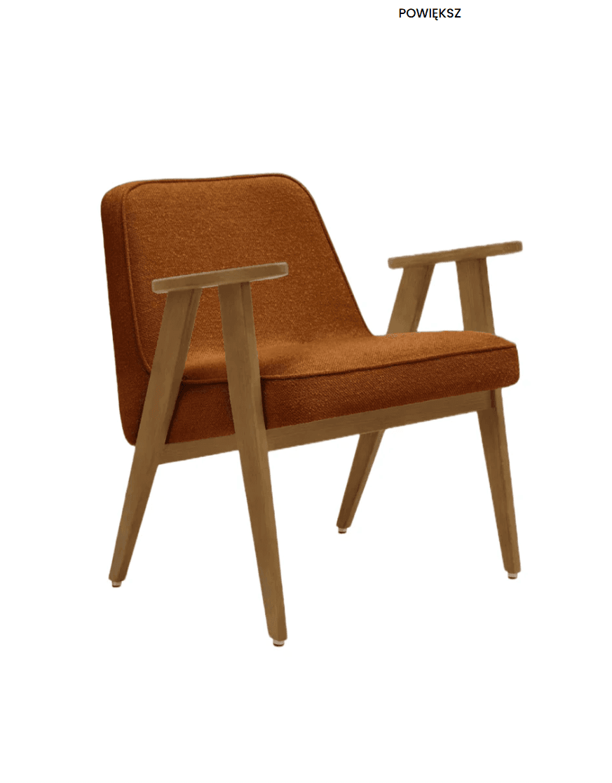 A modern armchair with a fabric-covered seat and backrest, supported by a wooden frame. The frame consists of angled legs and armrests, providing a minimalist aesthetic. The upholstery appears to be a textured, burnt orange fabric. — 3D model