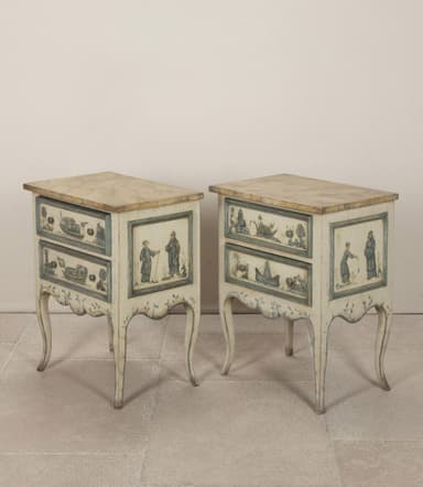 A small, two-drawer chest of drawers with a rectangular top and curved legs. The front of the drawers and the side panels are decorated with hand-painted scenes featuring boats and figures, in a chinoiserie style. The top has a marble-like pattern. The piece has a distressed finish. — 3D model