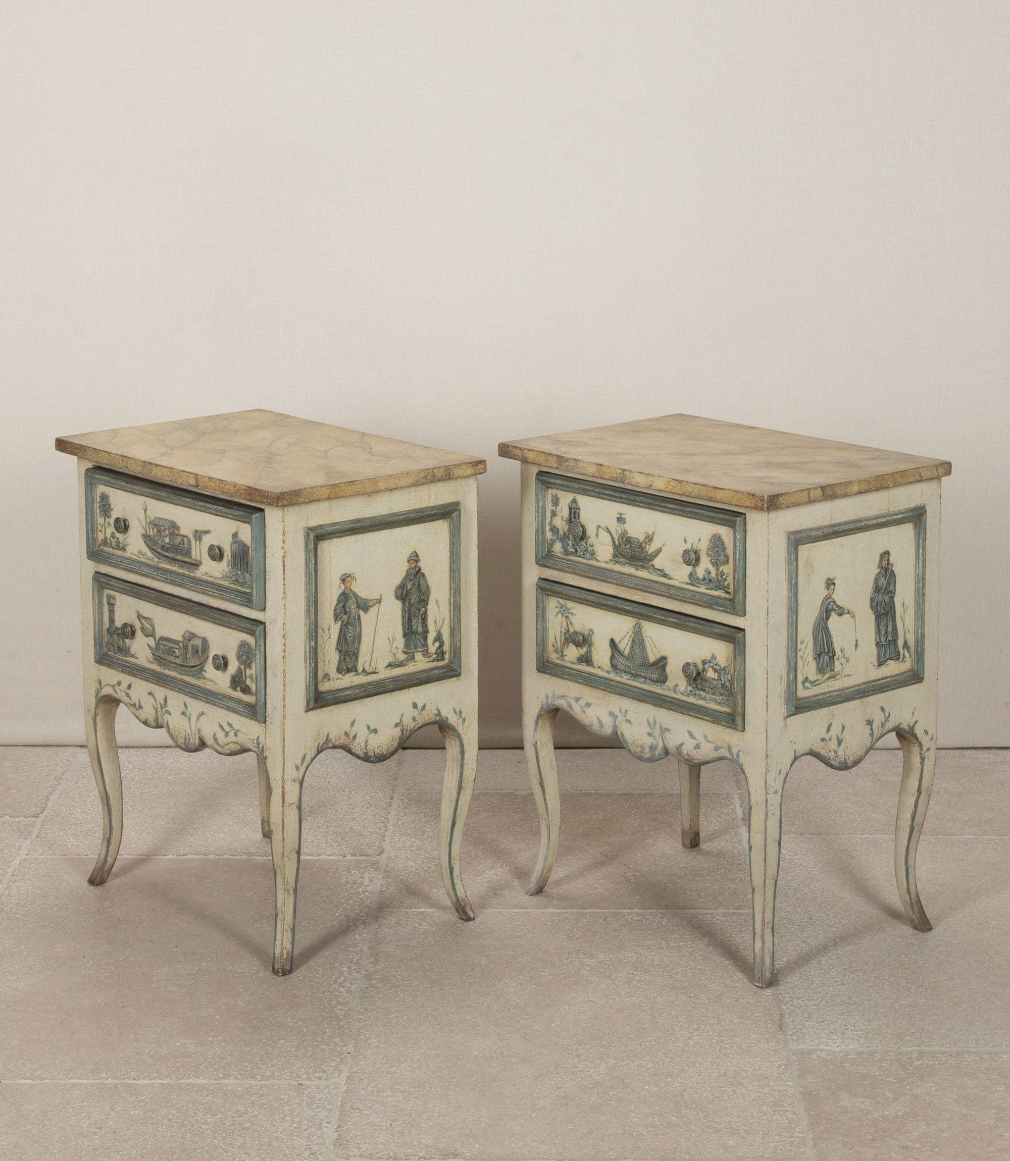 A small, two-drawer chest of drawers with a rectangular top and curved legs. The front of the drawers and the side panels are decorated with hand-painted scenes featuring boats and figures, in a chinoiserie style. The top has a marble-like pattern. The piece has a distressed finish. — 3D model