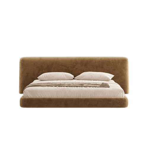 A modern bed frame with an upholstered headboard and frame, featuring a low profile. The bed is dressed with white bedding and two pillows, along with a textured throw blanket draped horizontally across the foot of the bed. The headboard is rectangular and extends the full width of the bed, with softly rounded vertical edges. — 3D model