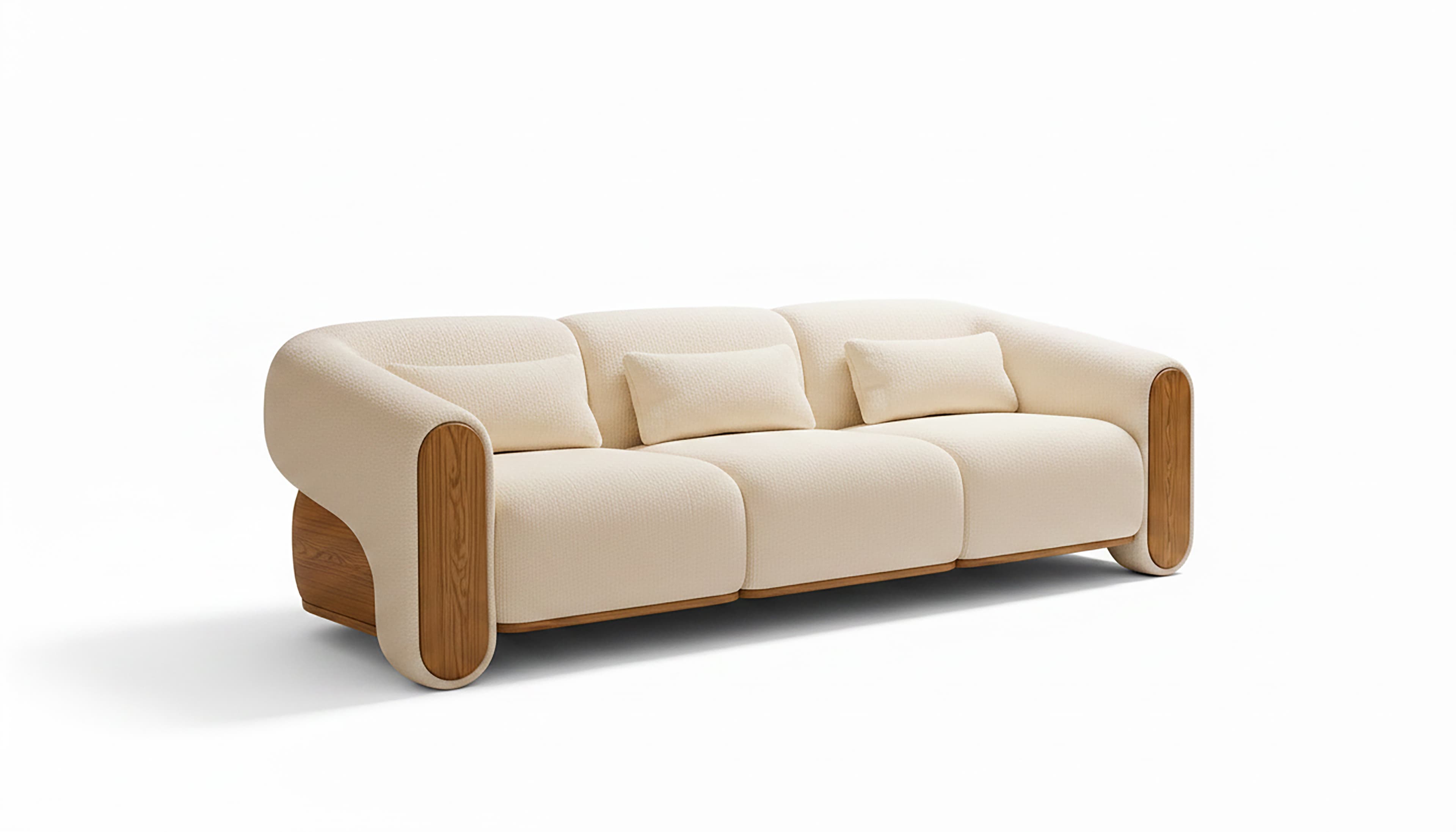 A modern three-seater sofa with a curved silhouette. The upholstery is a textured, light cream fabric. The sofa features prominent wooden accents on the sides and base, which have a natural, light wood grain finish and a rounded, sculpted appearance. Three matching throw pillows are placed on the seat. — 3D model