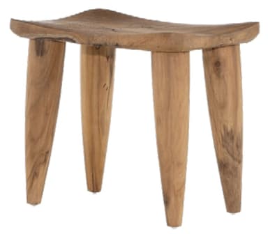 A rustic solid wood stool featuring a distinctly curved, saddle-shaped seat and four splayed, tapered legs. The natural wood grain is prominent, and the stool appears to be constructed from a single type of hardwood with a clear, natural finish. It is backless and designed for single-person seating or as an accent piece. — 3D model