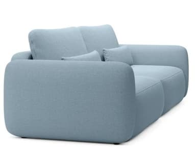 A light blue upholstered two-seater sofa with soft, rounded contours, featuring two seat cushions, two back cushions, and two matching cylindrical bolster pillows. — 3D model
