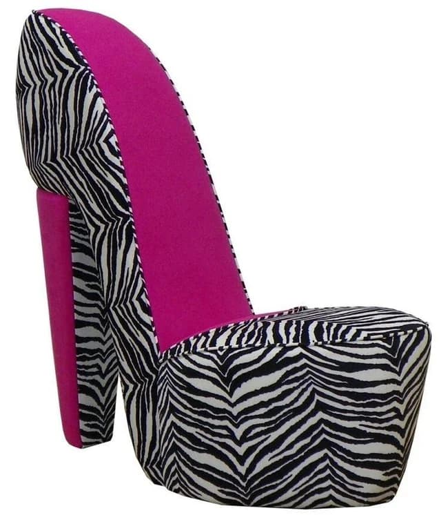 A novelty accent chair designed in the shape of a high-heeled shoe, upholstered in a striking black and white zebra print and vibrant fuchsia pink fabric. — 3D model