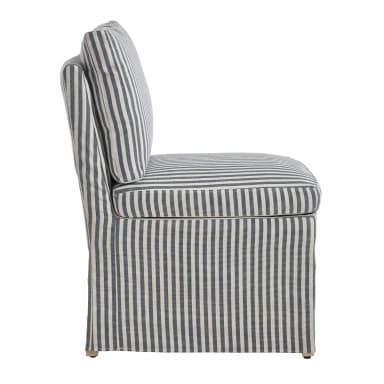 A single-seater armchair upholstered in a striped fabric. The armchair has a high back and a separate cushion for the seat. The upholstery features a repeating pattern of thin, dark blue or gray stripes alternating with white or cream stripes. The base of the armchair is covered by the upholstery, with very short, light-colored wooden feet visible at the bottom corners. — 3D model