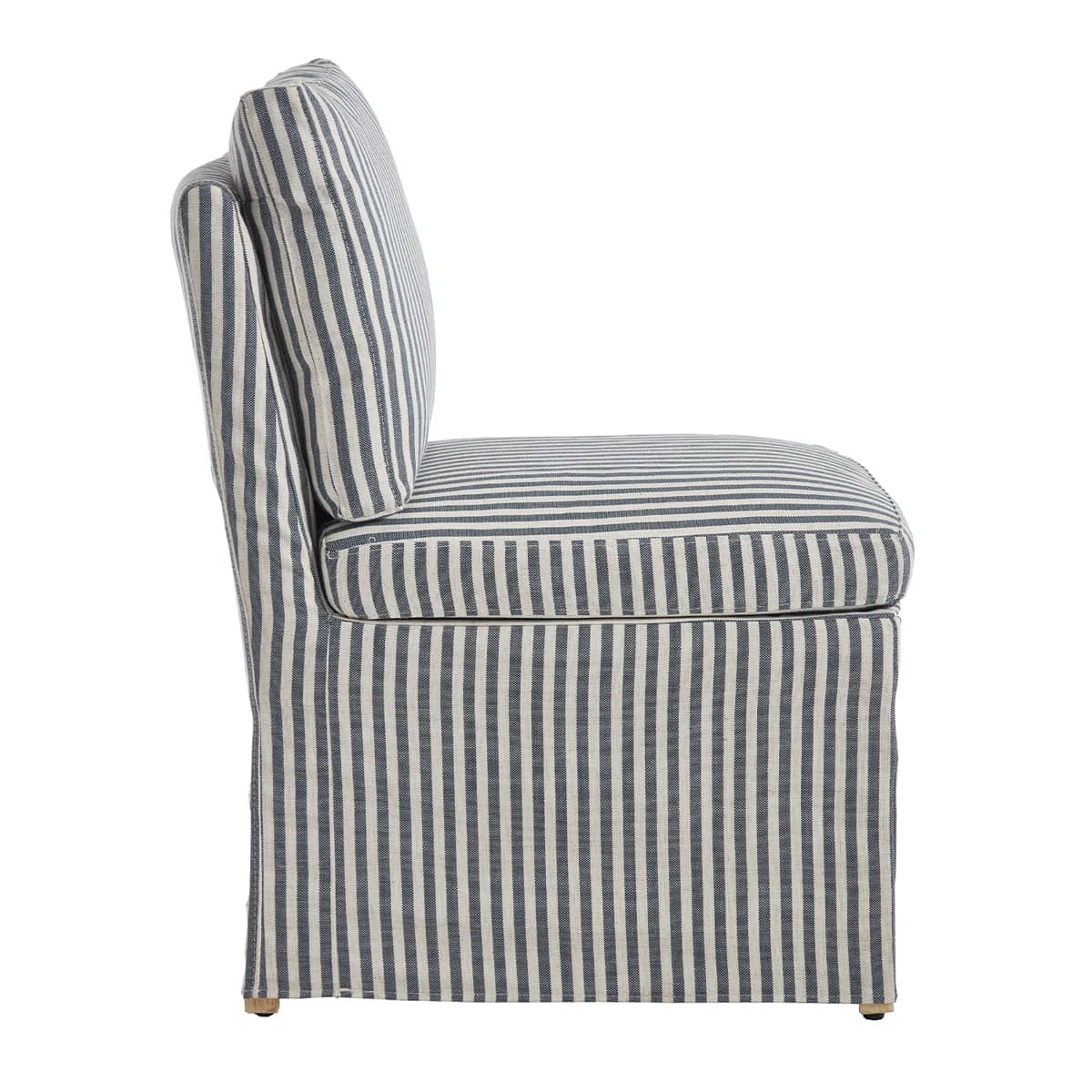 A single-seater armchair upholstered in a striped fabric. The armchair has a high back and a separate cushion for the seat. The upholstery features a repeating pattern of thin, dark blue or gray stripes alternating with white or cream stripes. The base of the armchair is covered by the upholstery, with very short, light-colored wooden feet visible at the bottom corners. — 3D model
