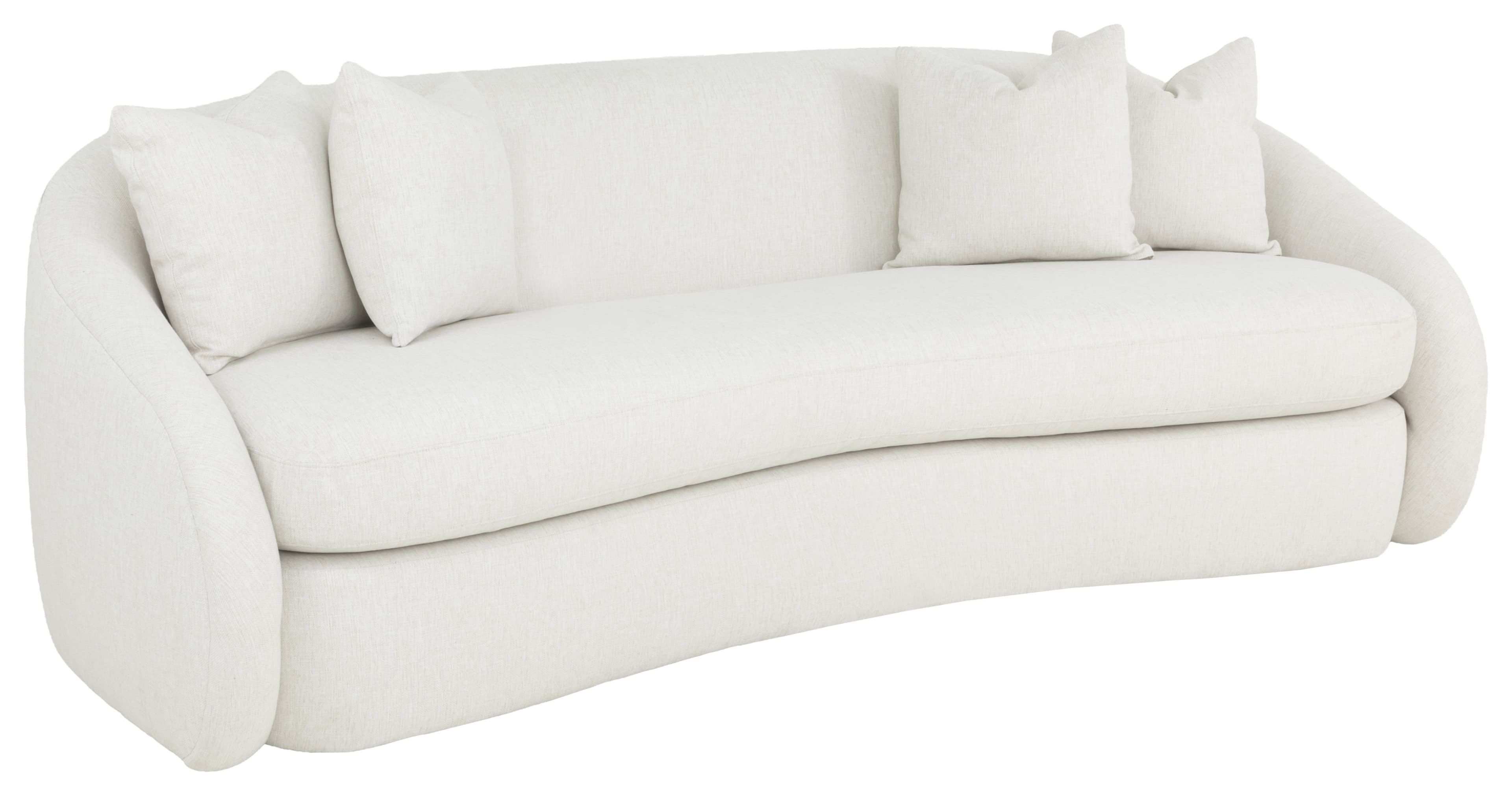 A modern curved sofa upholstered in a light, textured fabric, featuring deep seats, plush loose back cushions, and integrated, gracefully curved armrests and back. — 3D model