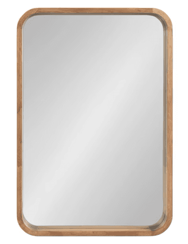 A rectangular mirror with rounded corners, encased in a wooden frame. The frame has a smooth, rounded profile and appears to be made of natural wood with a visible grain. The reflective surface is clear and shows a blurred reflection of what appears to be a dark, textured background or environment. — 3D model