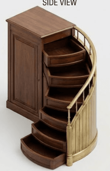 An exquisite Art Deco style bar cabinet featuring a distinctive curved form and rotating functionality. It is constructed from dark wood, likely walnut, with a rectangular top surface and interior trays adorned with a finely crafted herringbone veneer pattern. The curved exterior edge is elegantly finished with a polished brass rail. The cabinet's unique design incorporates multiple fan-shaped, segmented trays that appear to slide or rotate outwards, offering organized storage for bar essentials. — 3D model