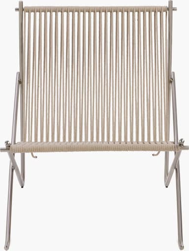 A modern chair with a metal frame and a seat and backrest woven from thick, light-colored rope. The frame appears to be made of brushed metal, possibly stainless steel or aluminum, with thin, curved legs and a horizontal support bar. The rope is tautly woven vertically for the backrest and horizontally for the seat, creating a textured and airy surface. The design is minimalist and appears suitable for indoor or outdoor use. — 3D model