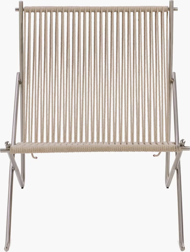 A modern chair with a metal frame and a seat and backrest woven from thick, light-colored rope. The frame appears to be made of brushed metal, possibly stainless steel or aluminum, with thin, curved legs and a horizontal support bar. The rope is tautly woven vertically for the backrest and horizontally for the seat, creating a textured and airy surface. The design is minimalist and appears suitable for indoor or outdoor use. — 3D model