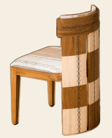A wooden chair with a curved backrest. The backrest features contrasting wood panels with decorative etched patterns. The seat is upholstered with a fabric that has a striped and patterned design. — 3D model
