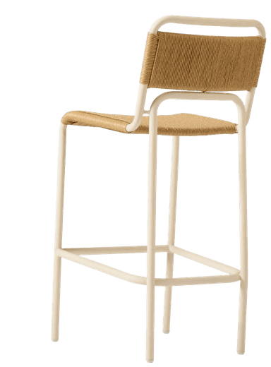 A contemporary bar stool featuring a light cream-colored tubular metal frame and a woven seat and backrest in a natural tan hue. The design is minimalist, combining industrial materials with organic textures. — 3D model