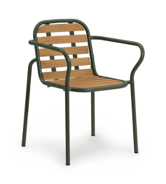 A modern outdoor armchair featuring a dark green powder-coated metal frame and natural wood slats for the seat and backrest. The frame has rounded tubing and forms integrated armrests, while the backrest and seat consist of horizontal wood slats. The chair appears sturdy and designed for outdoor use. — 3D model