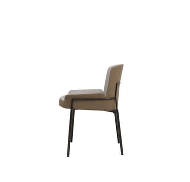 A contemporary dining armchair featuring a sleek metal frame, upholstered backrest in textured light grey fabric, and a contrasting lighter beige seat and integrated armrests, likely in faux leather or leather. — 3D model