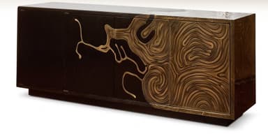 A long, rectangular credenza crafted from dark-stained wood, featuring multiple cabinet doors. The facade is adorned with a striking abstract brass inlay design that spans across the panels, creating a dynamic, flowing, topographic-like pattern. The credenza rests on a recessed plinth base. — 3D model