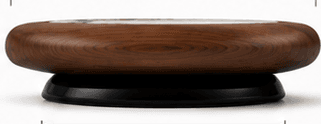 A round coffee table featuring a warm, dark wood-grain exterior and a central white and grey marble or stone inlay, set upon a recessed black circular base. The table has a low profile, measuring 320mm in height. — 3D model