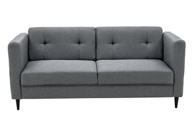 A close-up view of a grey upholstered furniture piece, featuring a vertically ribbed or seamed textile surface and a single black, tapered leg visible below. The fabric appears to be a textured, possibly woven, material, indicating a modern or contemporary design. — 3D model