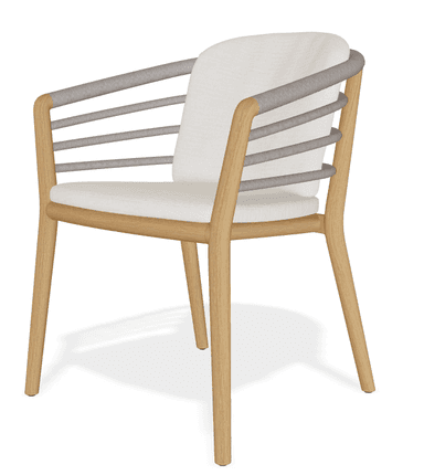 A contemporary armchair featuring a light-toned wooden frame, a padded seat cushion, and a separate back cushion, both upholstered in a light, off-white fabric. The back of the chair incorporates several horizontal gray rope or strap elements, providing a unique design detail. The armrests are integrated into the wooden frame, which shows a natural grain and a smooth finish. The chair stands on four straight, tapered wooden legs. — 3D model