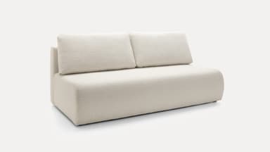 An armless two-seater loveseat upholstered in a textured, off-white bouclé fabric. It features a low-profile silhouette with two separate back cushions and a clean, minimalist design. — 3D model