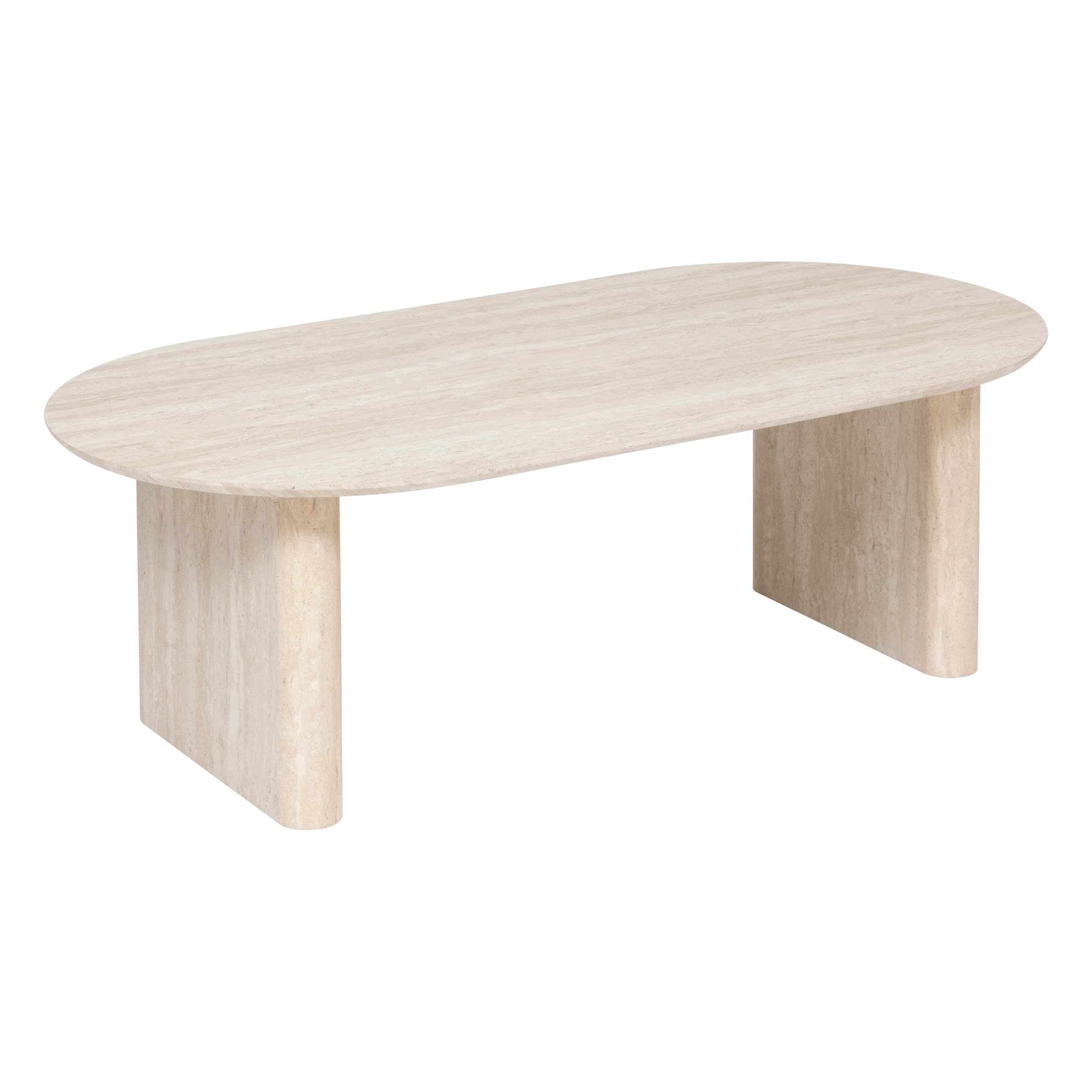 An oval coffee table crafted entirely from light-colored travertine stone. The tabletop is a flat, smooth oval, and it is supported by two thick, rectangular block legs with softly rounded edges. The natural veining of the travertine is visible across all surfaces, contributing to its organic yet modern aesthetic. — 3D model