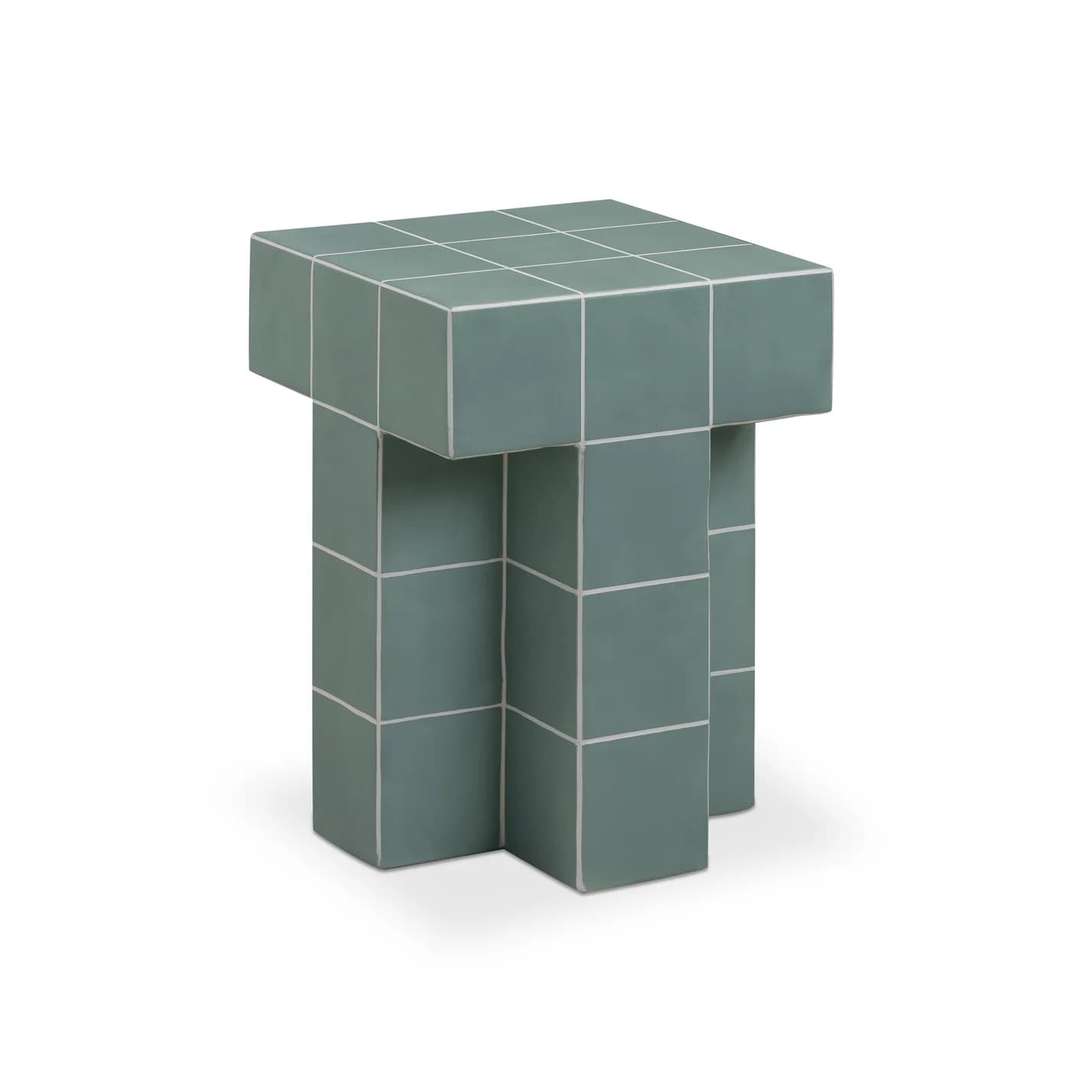 A contemporary square accent table featuring a tiled surface. The table has a flat, square top and a substantial, multi-columnar pedestal base, both meticulously clad in square ceramic tiles with contrasting light-colored grout lines. The overall form is geometric and architectural. — 3D model