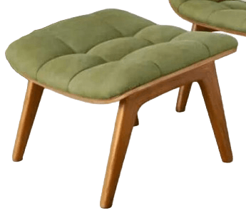 A tufted ottoman with a wooden frame and four tapered legs. The upholstery is a soft green fabric. — 3D model