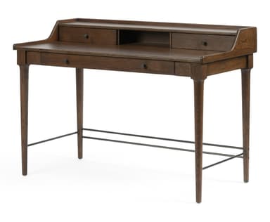 A dark brown wooden writing desk with a minimalist design. It features a raised back panel with three compartments: two drawers on the sides and an open shelf in the center. Below the main surface, there are two additional drawers, one on the left and one on the right. The desk is supported by four tapered legs and includes two horizontal metal bars for added stability and aesthetic detail. — 3D model