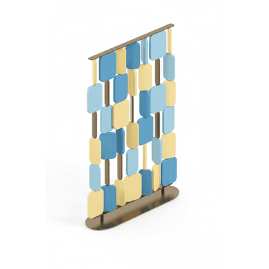 A freestanding room divider featuring a vertical arrangement of rounded rectangular panels in alternating shades of blue and yellow, supported by a bronze-toned frame and an oval base. — 3D model