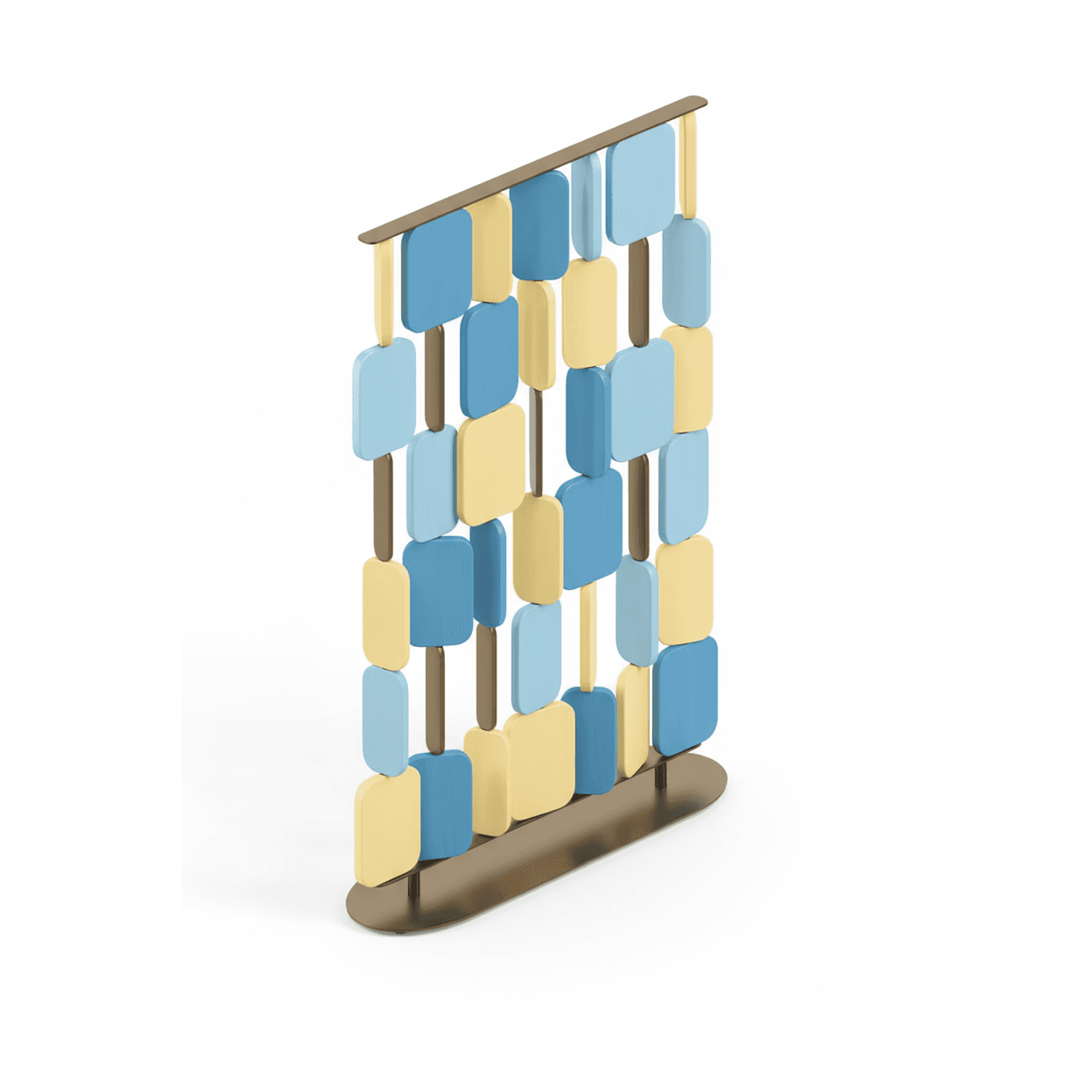 A freestanding room divider featuring a vertical arrangement of rounded rectangular panels in alternating shades of blue and yellow, supported by a bronze-toned frame and an oval base. — 3D model