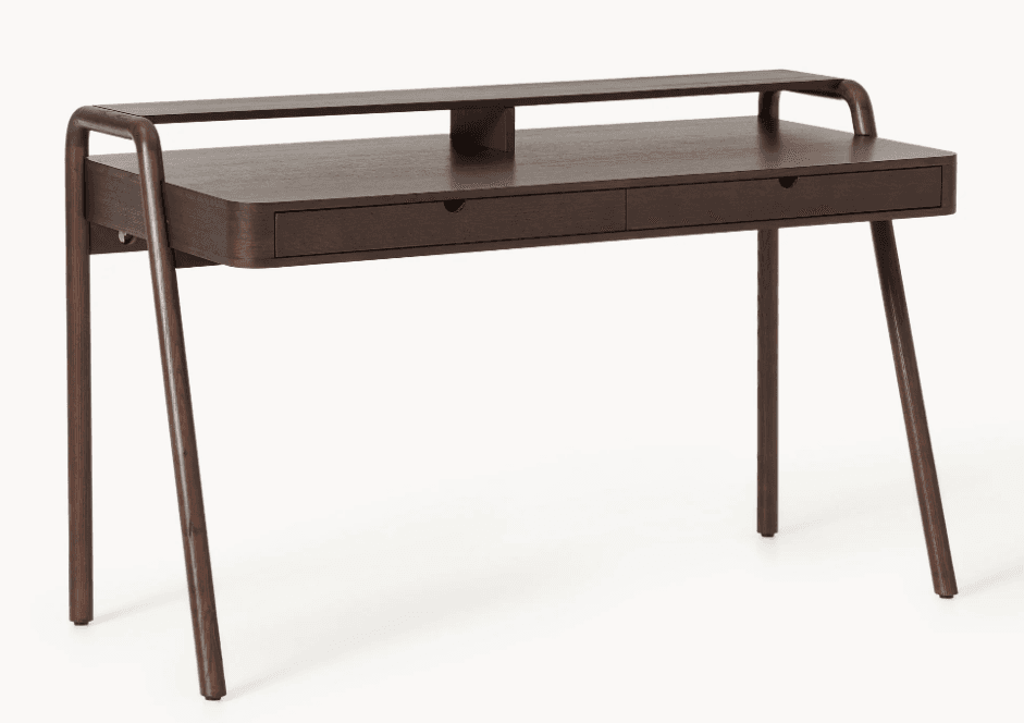 A minimalist dark brown wooden writing desk featuring a main work surface, two integrated drawers, and an elevated top shelf. The desk is supported by four angled, tapered legs and a continuous bentwood frame that extends from the legs to form the raised shelf support. — 3D model
