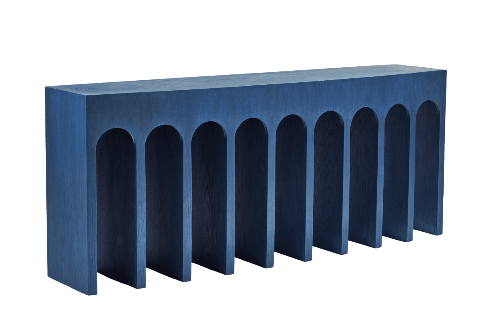 A console table with a long, rectangular top and a base featuring a series of arched openings reminiscent of a Roman aqueduct. The piece is uniformly colored in a deep blue hue. — 3D model