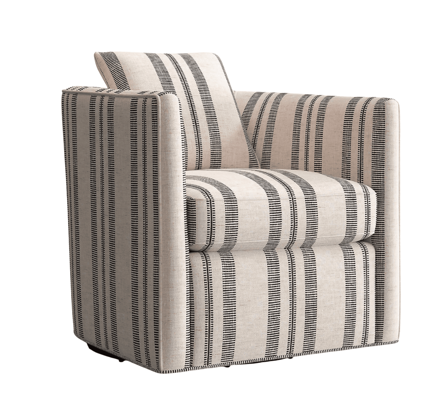 An upholstered armchair featuring a distinctive cream and black striped fabric. The chair has a modern, boxy silhouette with clean lines and rounded edges on the arms. It includes a loose seat cushion and a loose back cushion for comfort. The base is not fully visible but appears to be a concealed swivel mechanism, allowing the chair to rotate. The fabric pattern consists of varying widths of black stripes against a cream background, creating a textured visual effect. — 3D model