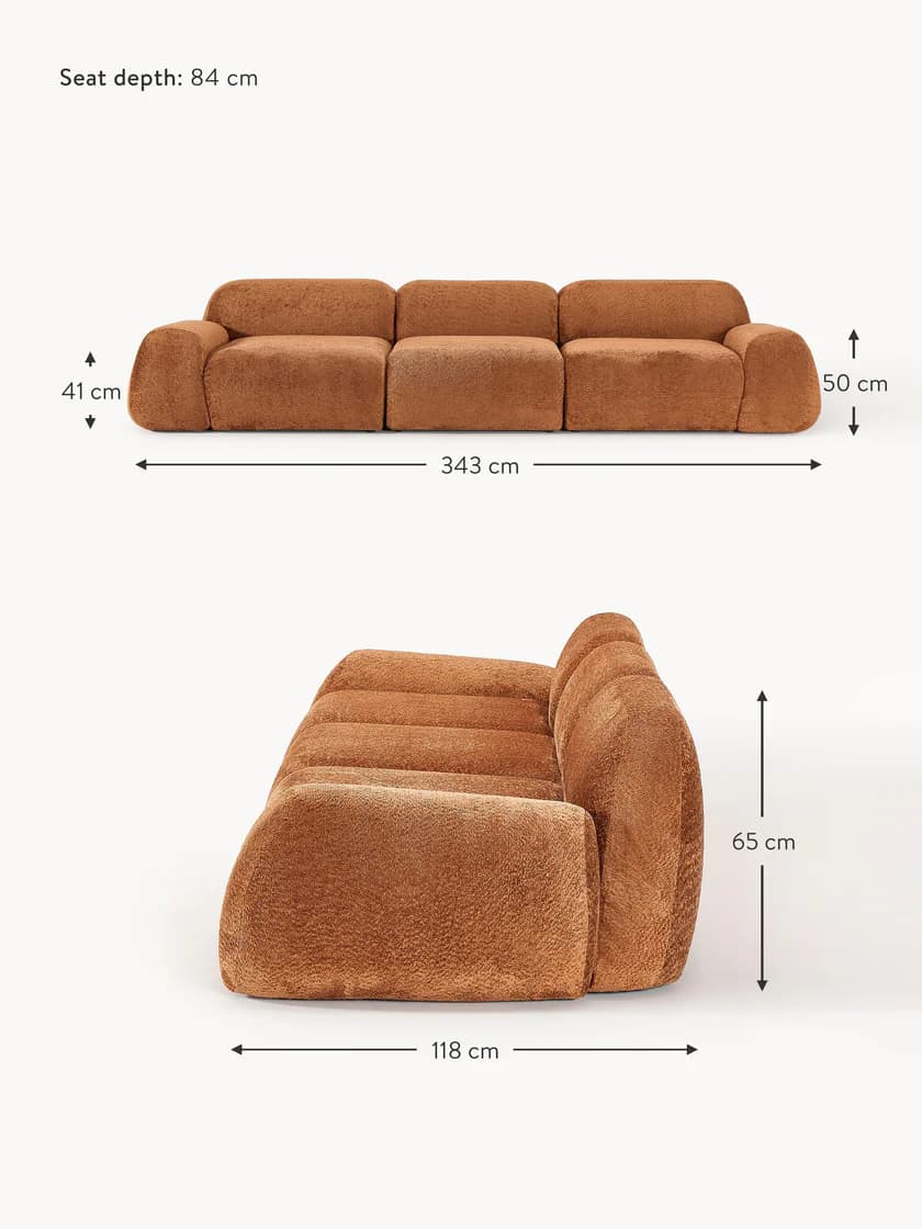 A low-profile, modular three-seater sofa with rounded edges and a plush, textured upholstery. The sofa consists of three distinct seat modules arranged linearly, each with integrated, rounded armrests and backrests that curve outwards. The overall design is contemporary and inviting, with a focus on soft forms and comfortable seating. — 3D model