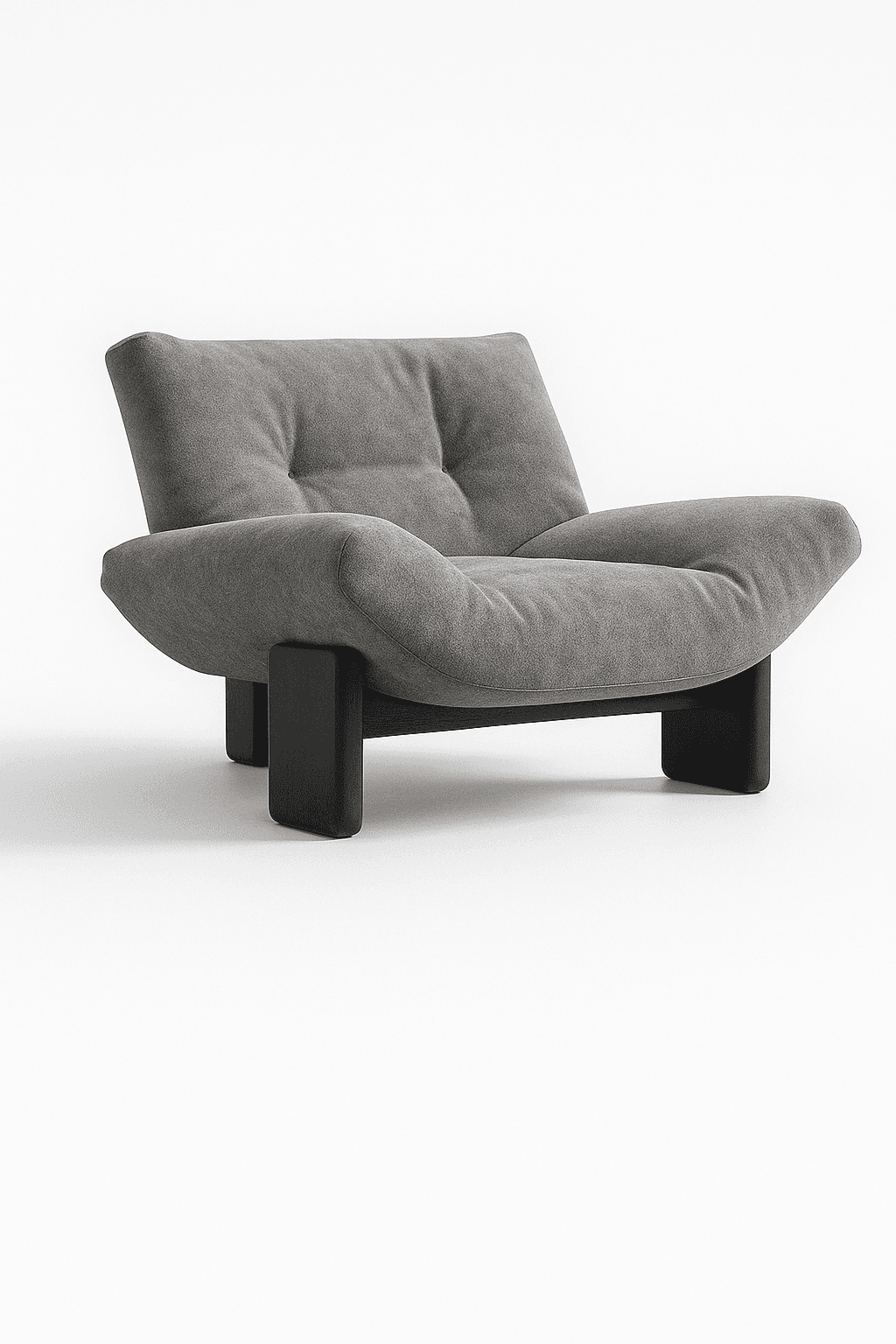 A contemporary armchair with a plush, upholstered seat and back. The seat features deep tufting, creating a series of soft indentations. The overall form is rounded and inviting, with substantial, cushioned armrests that flow into the seat base. The chair is supported by a low-profile, dark-colored base with two prominent, rectangular legs at the front. The upholstery appears to be a textured fabric. — 3D model