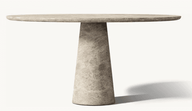 A contemporary round table featuring a monolithic design crafted entirely from a single material, likely natural stone. It has a circular tabletop supported by a single, solid, conical pedestal base, creating a sleek and stable structure. — 3D model